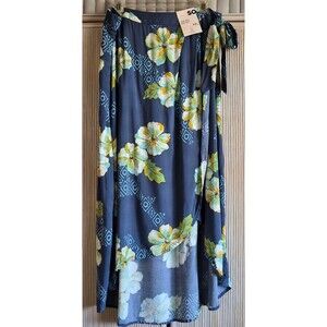 SO Midi Skirt Size XXL Blue High Rise Floral Aloha Hawaiian Faux Wrap NWT